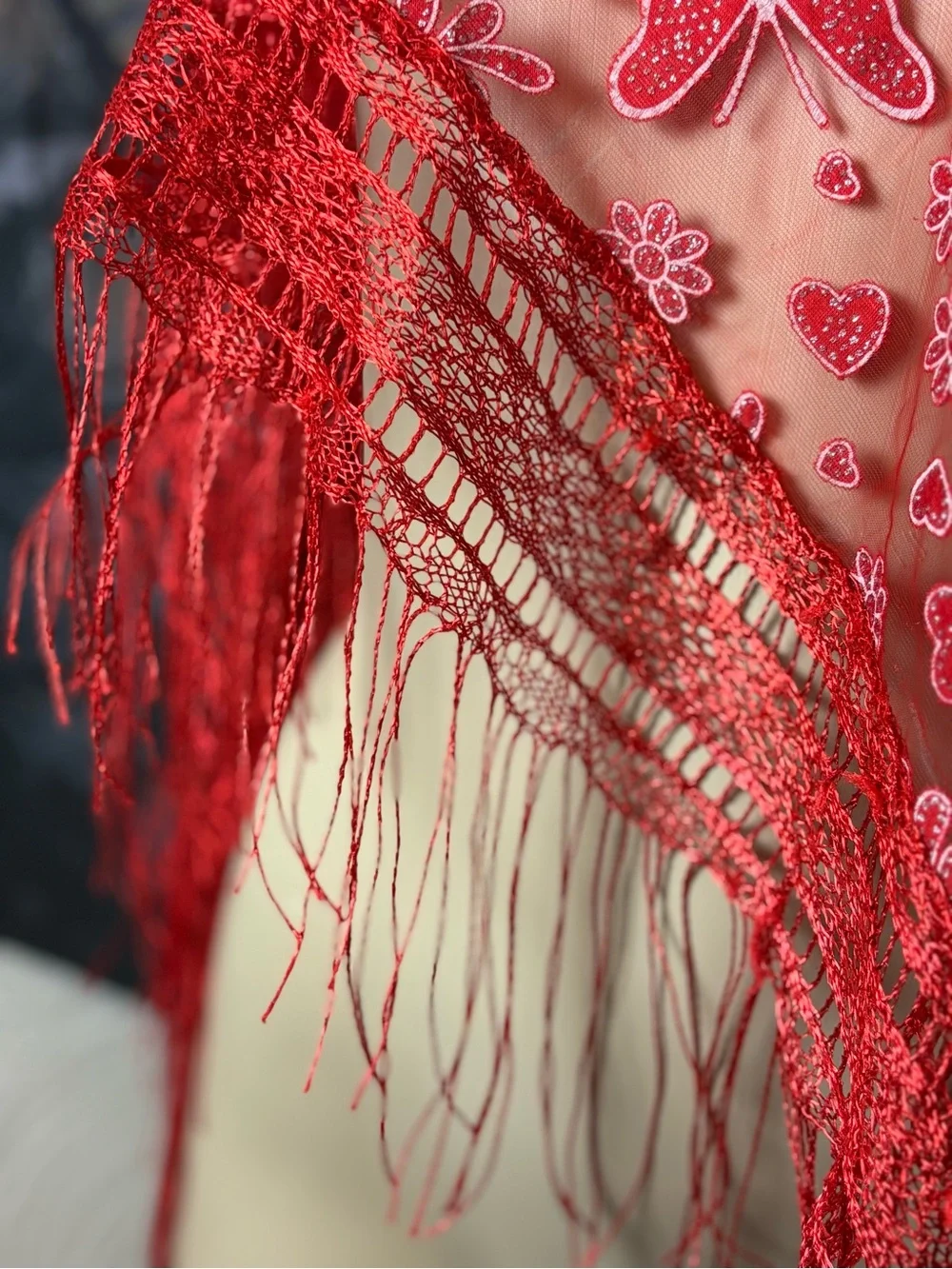 Red Embroidered Fringe Shawl / Scarf Wrap